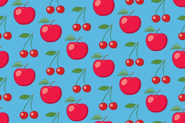 Light Blue Vector Fruit Seamless Pattern Apples Cherries — Stock Vector