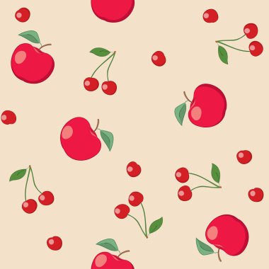 kırmızı elma ve kiraz bej arka planda - Dikişsiz desen vektör