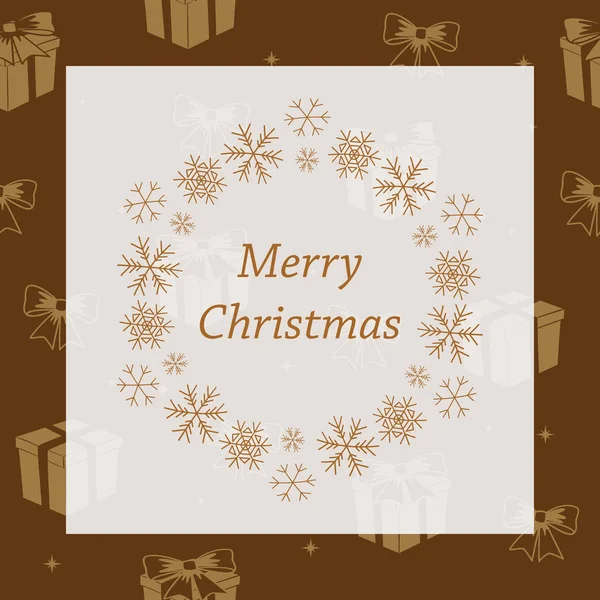 Joyeux Noël Carte Vœux Vectorielle Marron Avec Flocons Neige — Image vectorielle