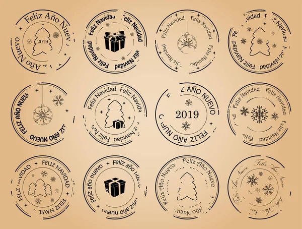 mutlu yeni yıl ve mutlu Noeller - vintage vektör posta pulları İspanyolca üzerinde kar taneleri ile. Feliz ano nuevo. Feliz navidad.