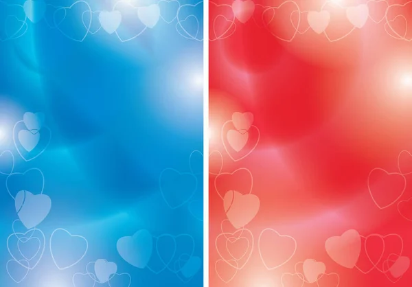 Volantes vectoriales azules y rojos con contornos de corazones y gradiente - fondos para eventos románticos — Vector de stock