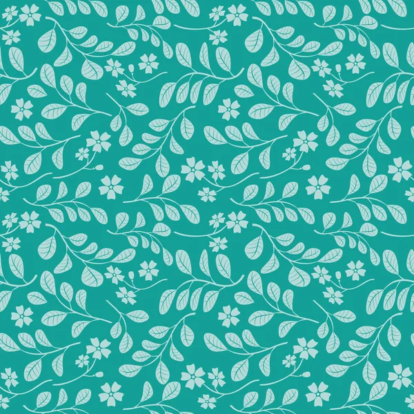 Folhas verdes claras com flores no fundo aquamarine - padrão sem costura — Vetor de Stock