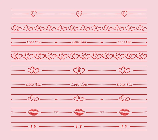 Red vector borders with hearts and lips for romantic cards — Stock Vector