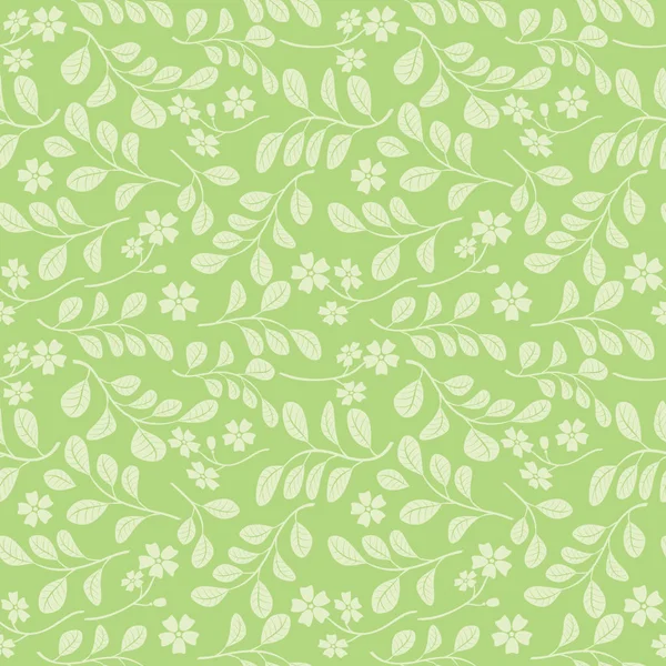 Folhas verdes claras com flores no fundo verde brilhante padrão sem costura — Vetor de Stock
