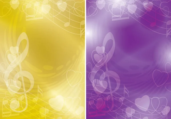 Желтые и фиолетовые векторные флаеры с контурами сердец и градиентом - музыкальные фоны — стоковый вектор