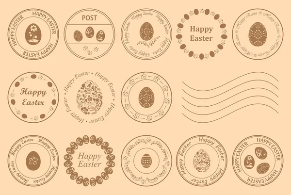 Selos postais redondos com ovos decorativos para férias de Páscoa - elementos de design vetorial — Vetor de Stock