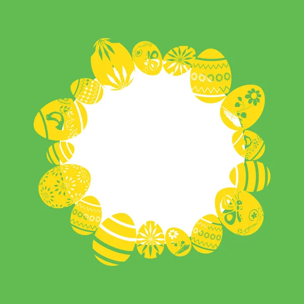 Gelbe Ziereier als Rahmen auf grünem Hintergrund - Ostervektorillustrationen — Stockvektor