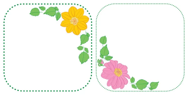 Kwiaty Dahlia w rogach zaokrąglone zielone ramki-wektor kwiatowy ilustracje — Wektor stockowy