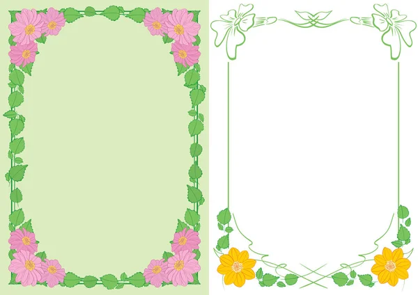 Światło zielone i białe tła A4 z kwiatami w narożnikach-wektor pionowe ramki — Wektor stockowy