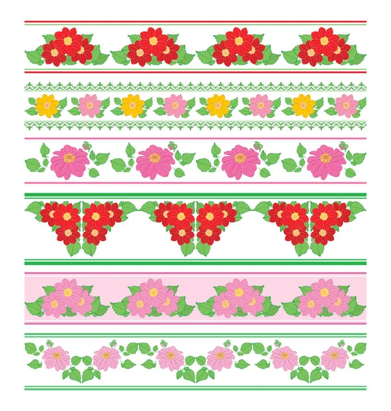 Bordi decorativi con fiori dalia - ornamenti vettoriali senza cuciture — Vettoriale Stock