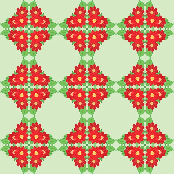 Red dahlias flowers with green leaves on light green seamless pattern - vector background with floral ornament — Stock Vector