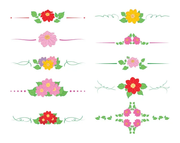Divisores florales y rizados con flores dalias y hojas verdes - conjunto vectorial decorativo — Vector de stock