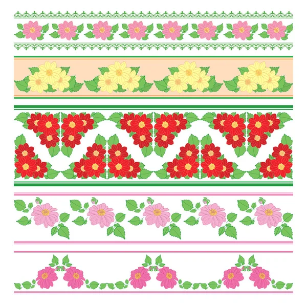 Beautiful seamless ornaments - vector borders with flowers dahlia — Stock Vector