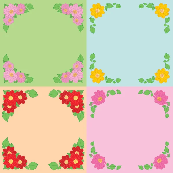 Dahlias flowers with green leaves as frames on color backgrounds  - vector set — Stock Vector