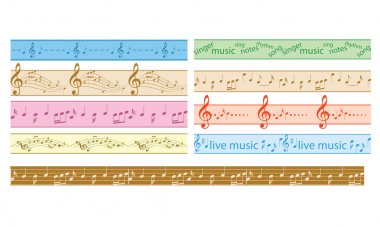 set of vector colorful seamless borders with music notes - color frames clipart