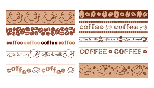 Vektor bruna sömlösa kanter med kaffekorn och koppar — Stock vektor