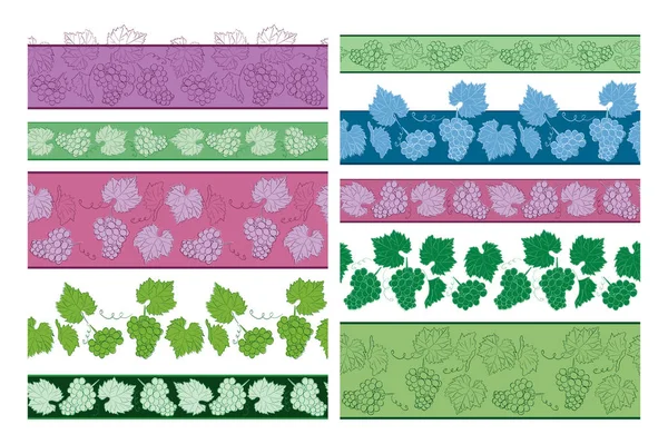 Bordes sin costura con uvas y hojas - vector conjunto de adornos florales — Vector de stock