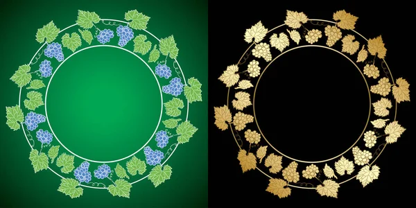 Векторные виноградные кластеры на черном и зеленом фоне - декоративные рамки — стоковый вектор
