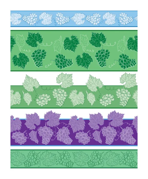 Seamless borders with grapes and leaves - vector set of beautiful ornaments — Stock Vector