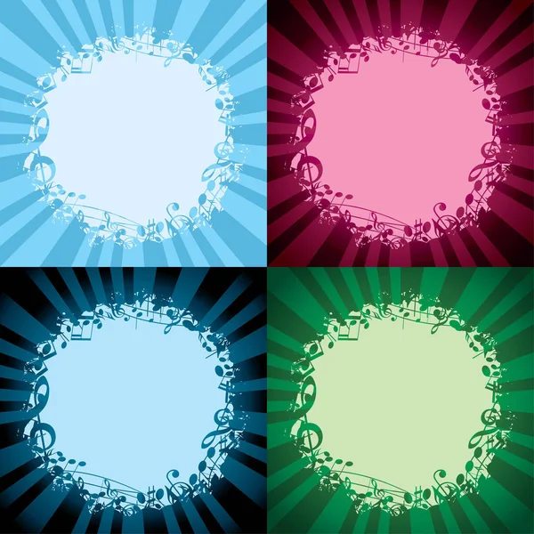 Cadres musicaux ronds de couleur sur fond clair - décorations vectorielles avec faisceaux lumineux — Image vectorielle