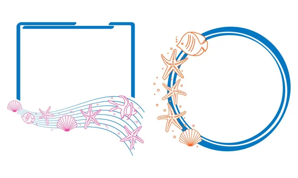 装飾的な海のヒトデや魚や貝を持つ青いベクトルフレーム — ストックベクタ