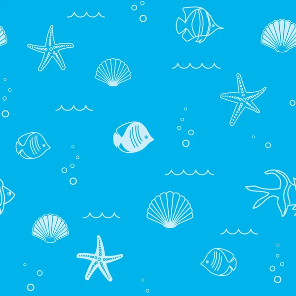 Αφηρημένο Γαλάζιο Χωρίς Ραφή Μοτίβο Κοχύλια Και Αστερίες Και Ψάρια — Διανυσματικό Αρχείο