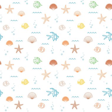 Deniz kabukları ve balıklarla dekoratif renksiz desen - vektör arkaplan