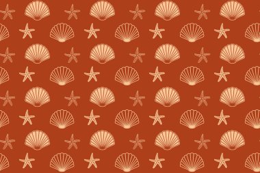 Deniz kabukları ve deniz yıldızlarıyla kahverengi, pürüzsüz desen - vektör arkaplan