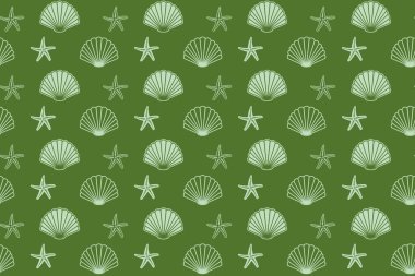 Deniz kabukları ve deniz yıldızlarıyla yeşil, pürüzsüz desen - vektör arkaplan