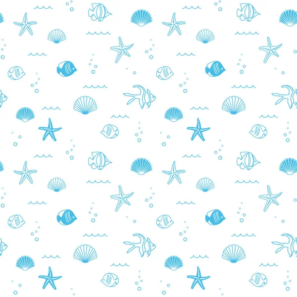 Αφηρημένο Ανοιχτό Μπλε Και Άσπρο Αδιάλειπτη Μοτίβο Κοχύλια Και Ψάρια — Διανυσματικό Αρχείο