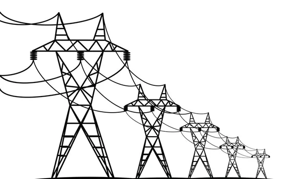 Elektrické Přenosové Vedení Vektorové Černé Siluety Bílém — Stockový vektor