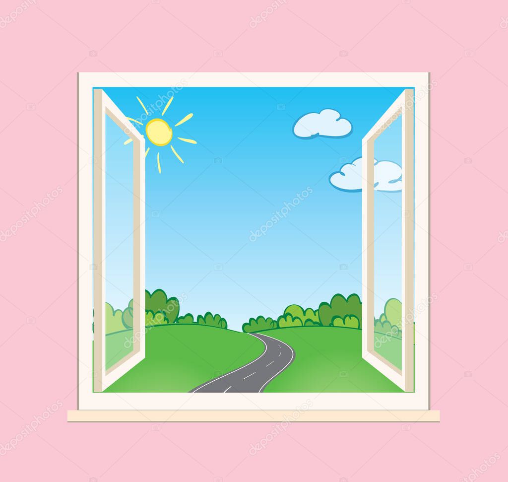 asphalt road and green nature behind open window - vector illustration