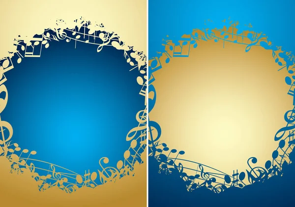 Музыкальные Фоны Музыкальными Нотами Градиентом Векторные Золотые Синие Рамки — стоковый вектор