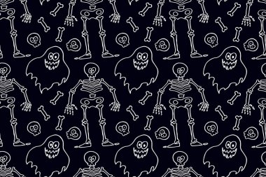 Cadılar Bayramı iskeleti ve kemikleri, koyu mavi bir sırtta beyaz çizgi