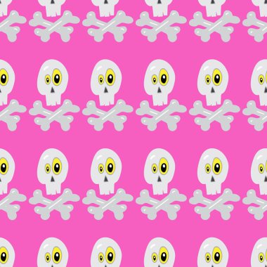 Cadılar Bayramı kafatası ve çapraz kemikler komik, pembe arkaplan desenli