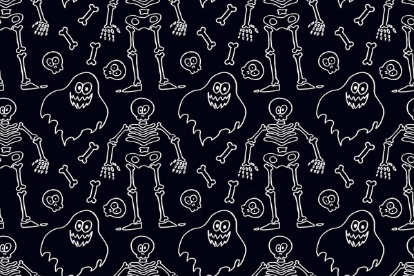 Halloween skeleton and bones, white line on a dark blue backgrou — ストックベクタ