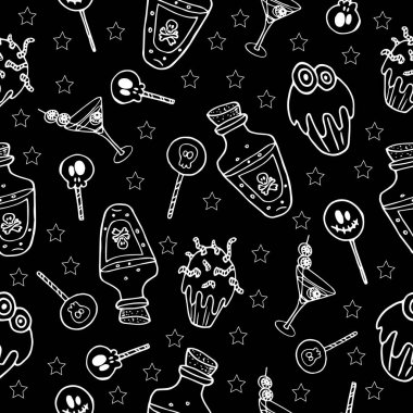 Cadılar bayramı sürahileri, tatlılar ve iksirleri beyaz çizgili siyah bir B üzerinde