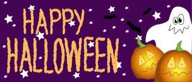 Mor arka planda balkabakları ve hayaletler, yarasalar, beyaz yıldızlar