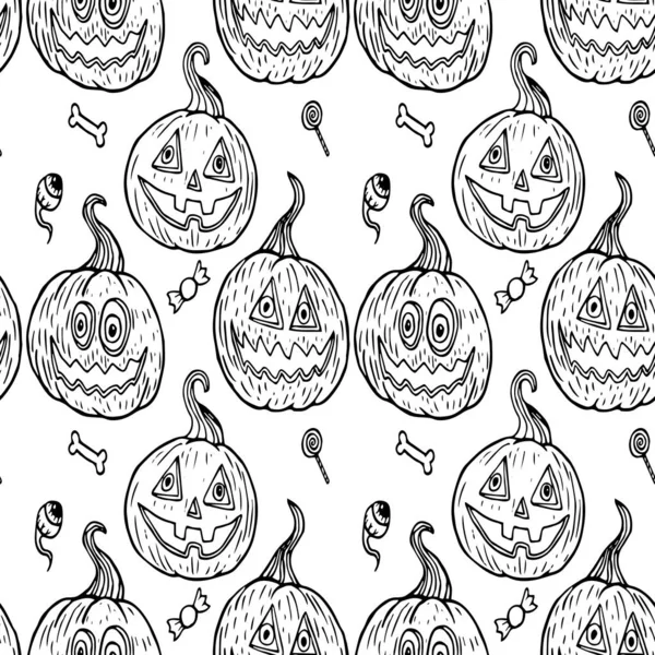 Calabazas de Halloween, ojos, caramelos, línea negra patrón aislado — Archivo Imágenes Vectoriales