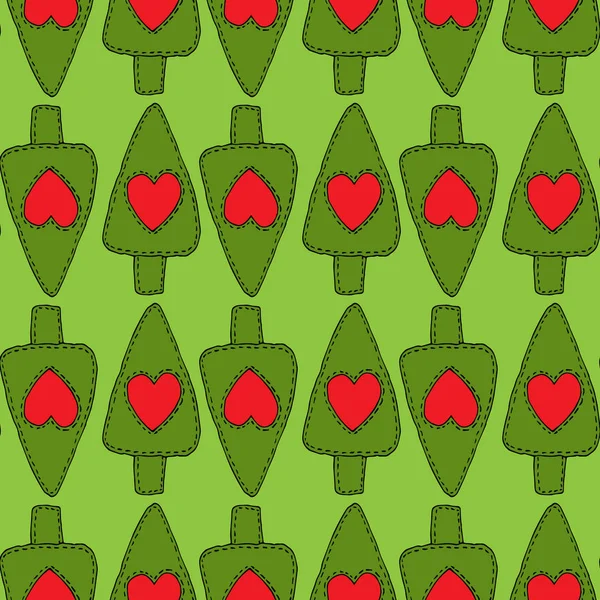 Weihnachtsbaummuster mit rotem Herz auf grünem Hintergrund — Stockvektor