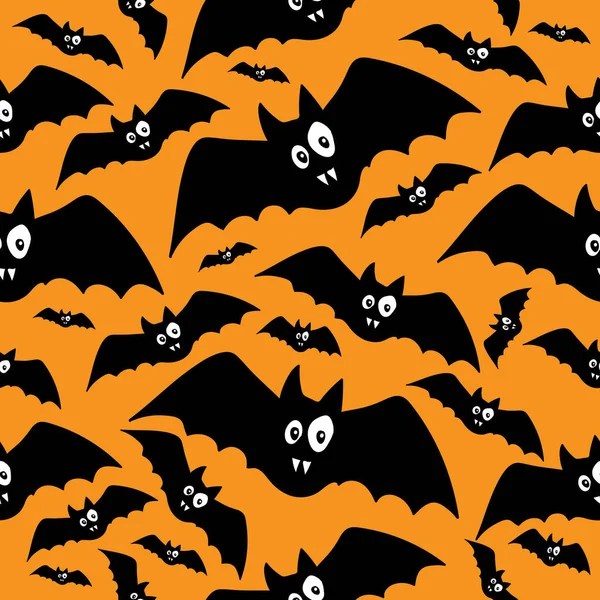 Black funny bats pattern on orange background in doodle style — Stock Vector