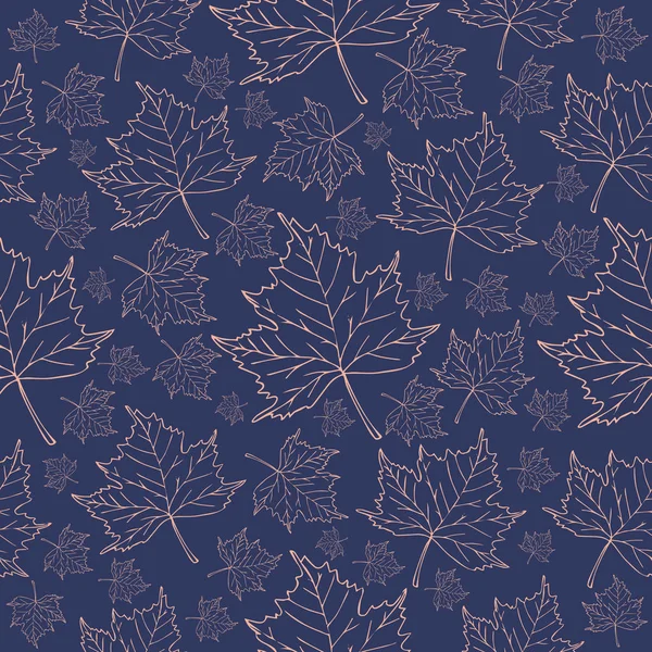 Pink sketch line leaves pattern on dark blue background — Stock Vector