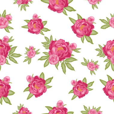 Beyaz arkaplanda pembe şakayık ve yeşil yapraklı desen, 3D efektli stok vektör illüstrasyonu, kartpostal, afiş, poster, kumaş, ambalaj