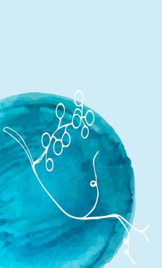 Mesajlaşmak için yeri olan vektör dikey kart, suluboya noktası ve açık mavi arkaplan üzerinde böğürtlen olan beyaz bir dal. Tasarım ve dekorasyon için stok vektör illüstrasyonu. Pankartlar, davetiyeler, kartvizitler, logo, doğum günü, düğün, tatil.