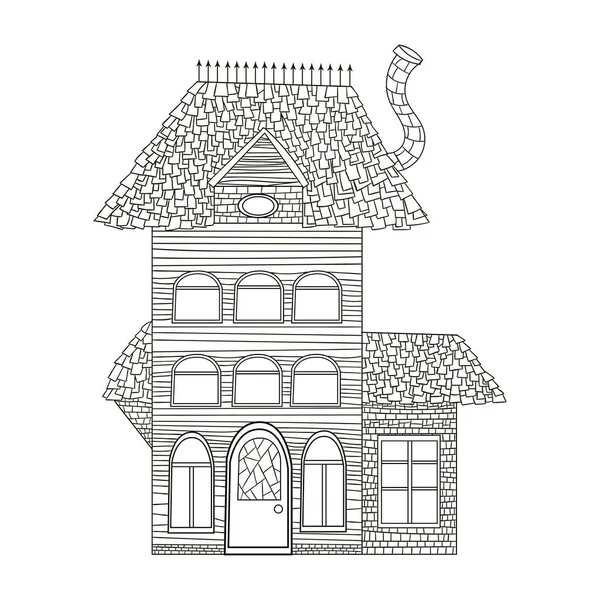 Casa Estilo Gótico Con Madera Ladrillo Dibujado Contorno Negro Aislado — Archivo Imágenes Vectoriales