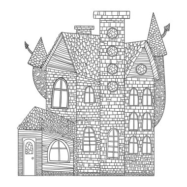 Beyaz arkaplanda gotik tarzda ana hatlarıyla ev, tasarım ve dekor için stok vektör illüstrasyonu, cadılar bayramı, renk, karikatür, karalama