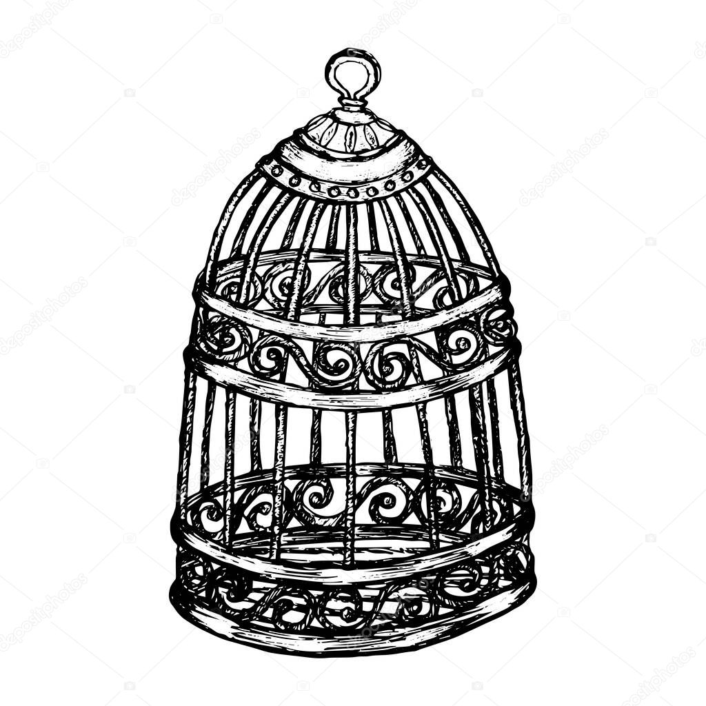 Sketch cage in vintage style black outline isolated on white background. Stock vector illustration for design and decoration. Sticker, banner, poster.