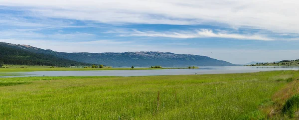 Erfrischender Bergsee Und Die Grünen Wiesen Des Frühen Frühlings — Stockfoto