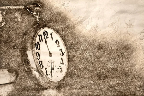 Sketch of Vintage Golden Pocket Watch Resting on a Wooden Table