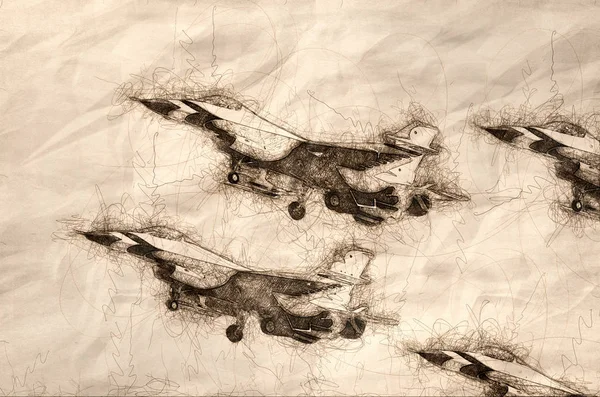 Sketch Four Military Fighter Jets Flying Tight Formation — Stok Foto